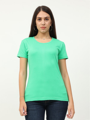 Fleximaa Solid Women Round Neck Green T-Shirt
