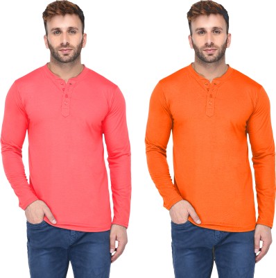 Adorbs Solid Men Henley Neck Pink, Orange T-Shirt