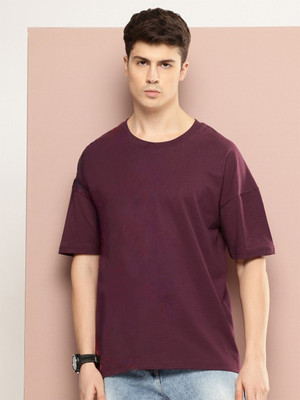 PockMAN Solid Men Round Neck Maroon T-Shirt