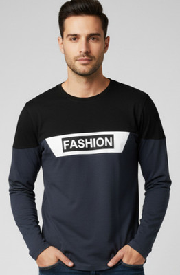 Autna Printed Men Round Neck Grey, Black T-Shirt