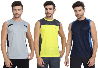 FTX Colorblock Men Round Neck Dark Blue, Grey, Yellow T-Shirt