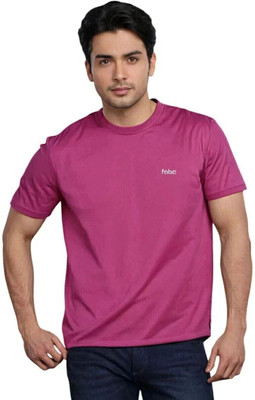 Fabc Solid Men Round Neck Pink T-Shirt