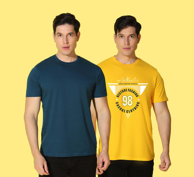 WOOSTRO Solid, Printed Men Round Neck Dark Green, Yellow T-Shirt