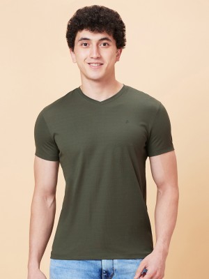 BEING HUMAN Solid Men V Neck Green T-Shirt