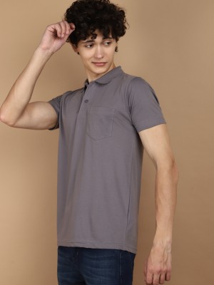 V-MART Solid Men Polo Neck Grey T-Shirt