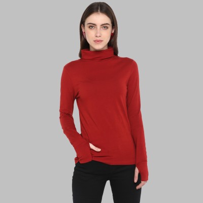 METRONAUT Solid Women Turtle Neck Maroon T-Shirt