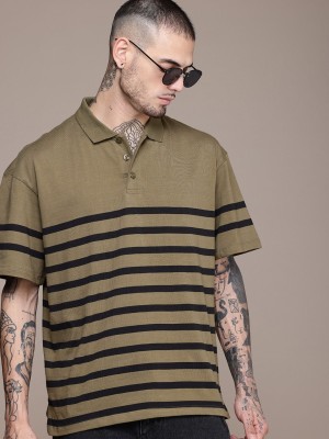 Roadster Striped Men Polo Neck Green T-Shirt