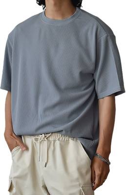 Zilcon Self Design Men Round Neck Reversible Grey T-Shirt