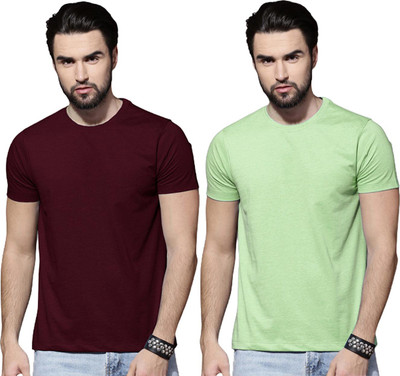 LazyChunks Solid Men Round Neck Maroon, Light Green T-Shirt