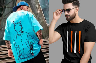Majexic Printed Men Round Neck Light Blue, Black T-Shirt