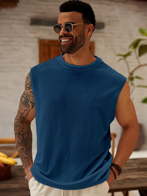 KAJARU Self Design Men Round Neck Dark Blue T-Shirt