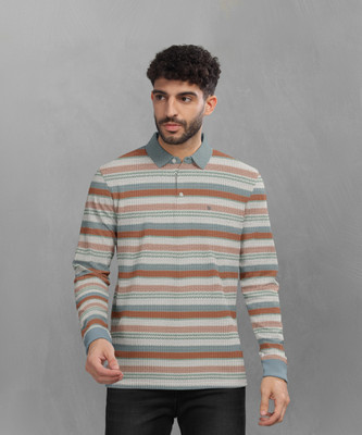 Bullmer Striped Men Polo Neck Brown T-Shirt
