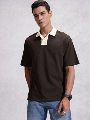WROGN Solid Men Polo Neck Brown T-Shirt