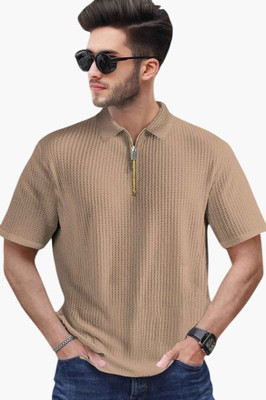 TOIX Self Design Men Zip Neck Brown T-Shirt