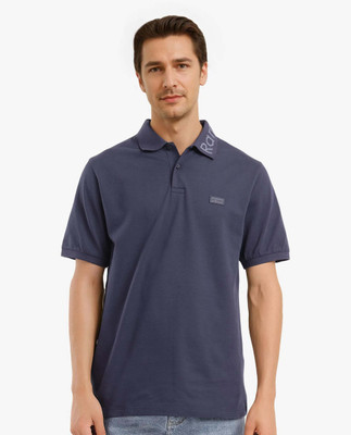 RARE RABBIT Solid Men Polo Neck Dark Blue T-Shirt