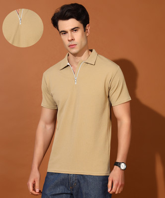 Christy World Solid Men Polo Neck Beige T-Shirt