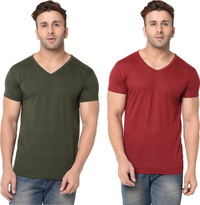 Tresna Trending Solid Men V Neck Dark Green, Maroon T-Shirt