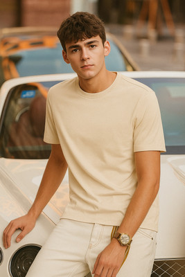 Knite wolf Solid Men Round Neck Beige T-Shirt