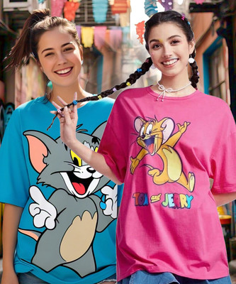 TOM AND JERRY by DreamBe Cartoon Women Round Neck Multicolor T-Shirt