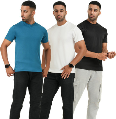 Fabhash Solid Men Round Neck Black, White, Blue T-Shirt