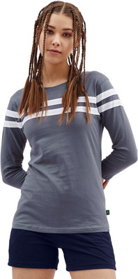 Diversify Striped Women Round Neck Grey T-Shirt