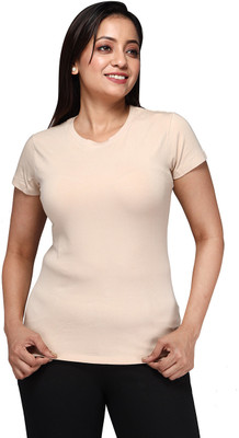 Comfort Lady Solid Women Round Neck Beige T-Shirt