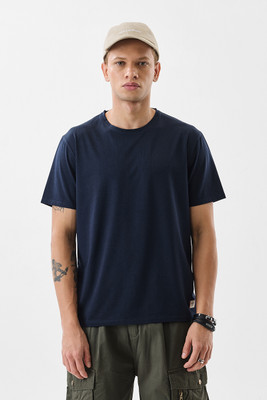 Snitch Self Design Men Round Neck Navy Blue T-Shirt