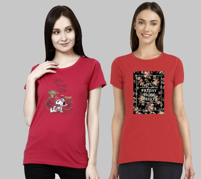 CHOZI Printed Women Round Neck Pink, Red T-Shirt