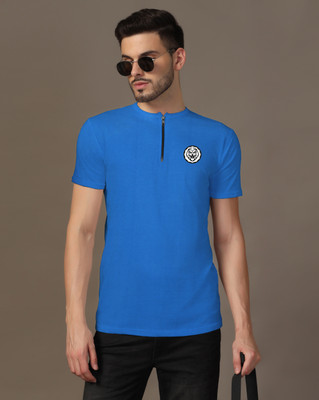 tfurnish Solid Men Zip Neck Blue T-Shirt