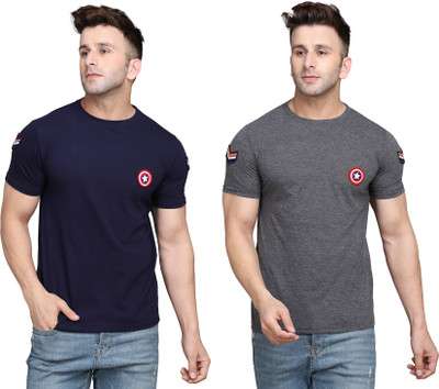 Lawful Casual Solid Men Round Neck Dark Blue, Grey T-Shirt