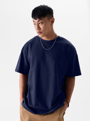 LazyGreg Solid Men Round Neck Navy Blue T-Shirt