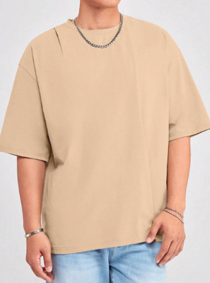 FURRR Solid Men Round Neck Beige T-Shirt