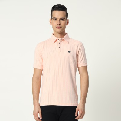 TAB91 Striped Men Polo Neck Pink T-Shirt