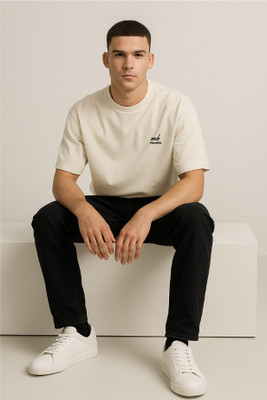 MENHILLS Self Design Men Round Neck Beige T-Shirt