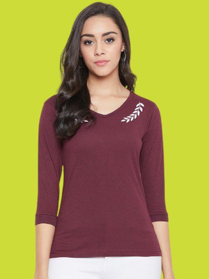 Heaven street Printed Women V Neck Maroon T-Shirt