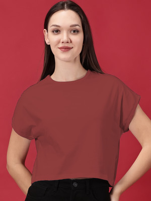 Novia Solid Women Round Neck Maroon T-Shirt