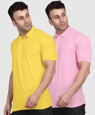 INKKR Solid Men Polo Neck Pink, Yellow T-Shirt