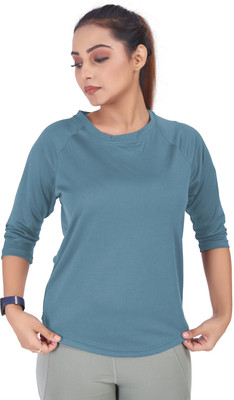 MYo2 Solid Women Round Neck Blue T-Shirt