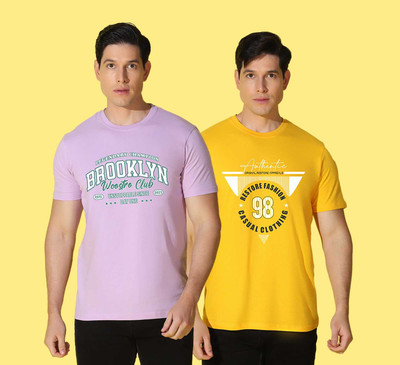 WOOSTRO Printed Men Round Neck Purple, Yellow T-Shirt