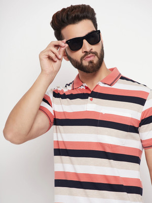 UNNIBERRY Striped Men Polo Neck Pink T-Shirt
