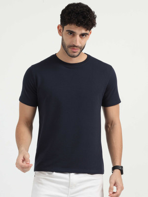 Caslay Solid Men Round Neck Navy Blue T-Shirt