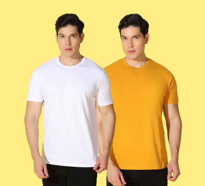 WOOSTRO Solid, Printed Men Round Neck White, Yellow T-Shirt