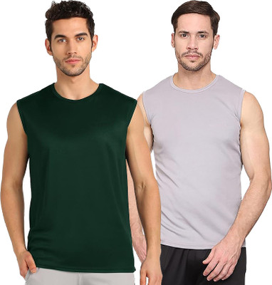 Renowned Solid Men Round Neck Green, Grey T-Shirt