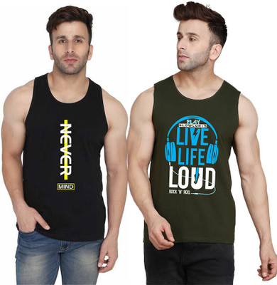 SLOWLORIS Printed Men Round Neck Dark Green, Black T-Shirt