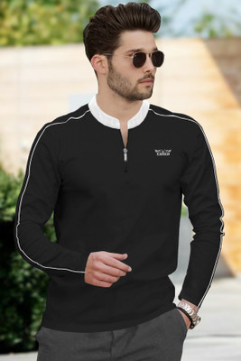 TRIPR Solid Men Mandarin Collar Black, White T-Shirt