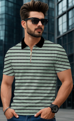 NB NICKY BOY Striped Men Zip Neck White T-Shirt