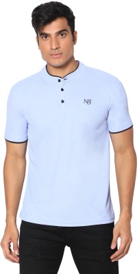 N AND J Solid Men Mandarin Collar Blue T-Shirt