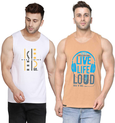 SLOWLORIS Printed Men Scoop Neck Beige, White T-Shirt