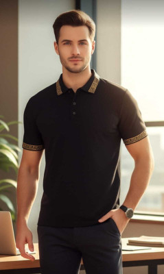 K A OUTDOOR FURNITURE Solid, Geometric Print Men Polo Neck Black T-Shirt