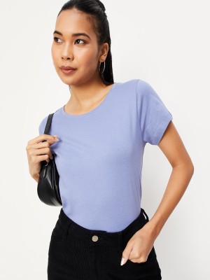 MAX Solid Women Round Neck Blue T-Shirt